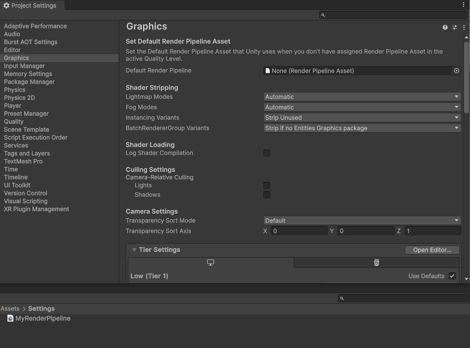 Assigning the render pipeline asset on project settings